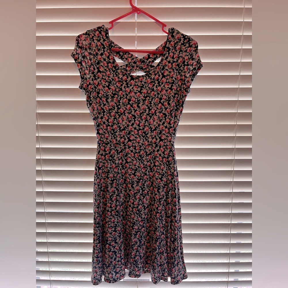 Kaileigh Navy and Pink Floral Dress with Cross Back Detail